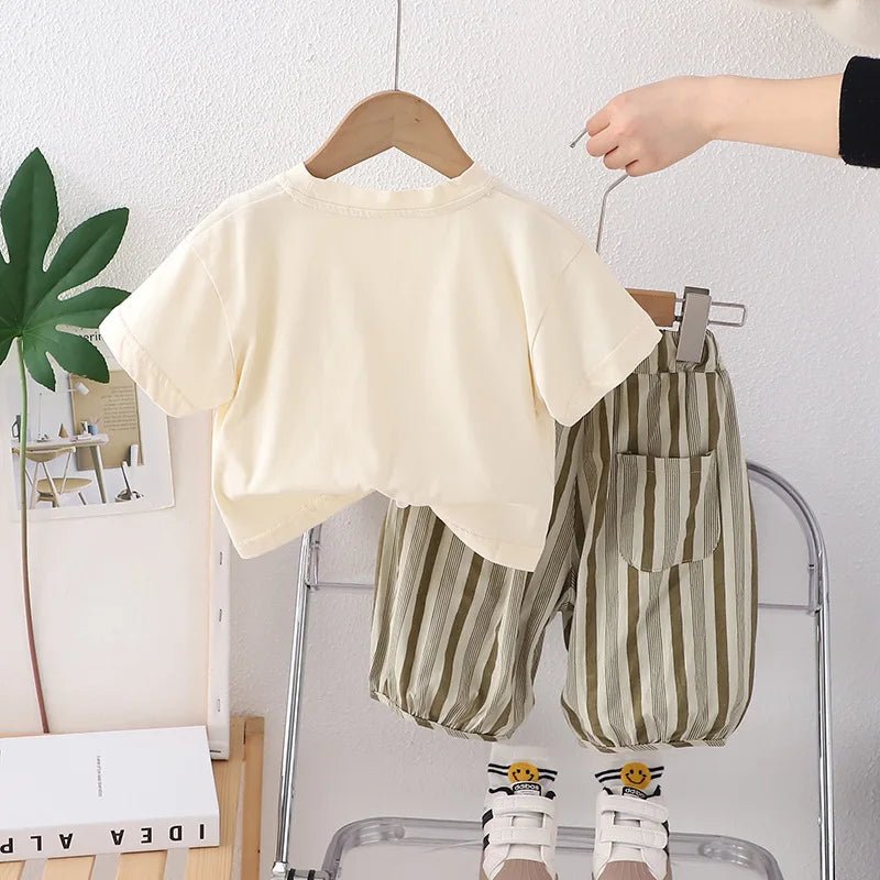 Summer Kid's Clothing Sets Boys' Short Sleeve Outfit Vertical Stripes T-shirt Pants 2Pcs Trendy Children's Costume Stylish - Mom & Kids