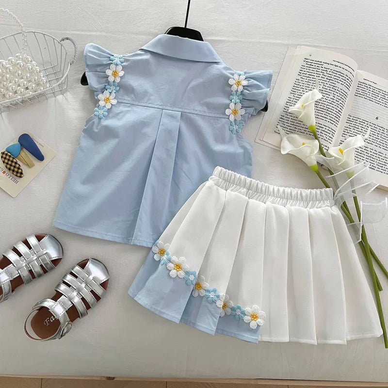 Summer New Baby Floral Short Sleeve Puff Sleeve Top Elastic Waist Pleated Skirt Girls' Set17401 - Mom & Kids
