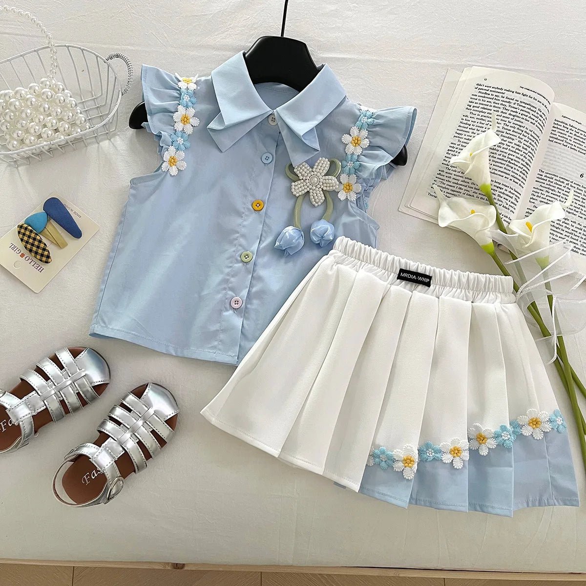 Summer New Baby Floral Short Sleeve Puff Sleeve Top Elastic Waist Pleated Skirt Girls' Set17401 - Mom & Kids