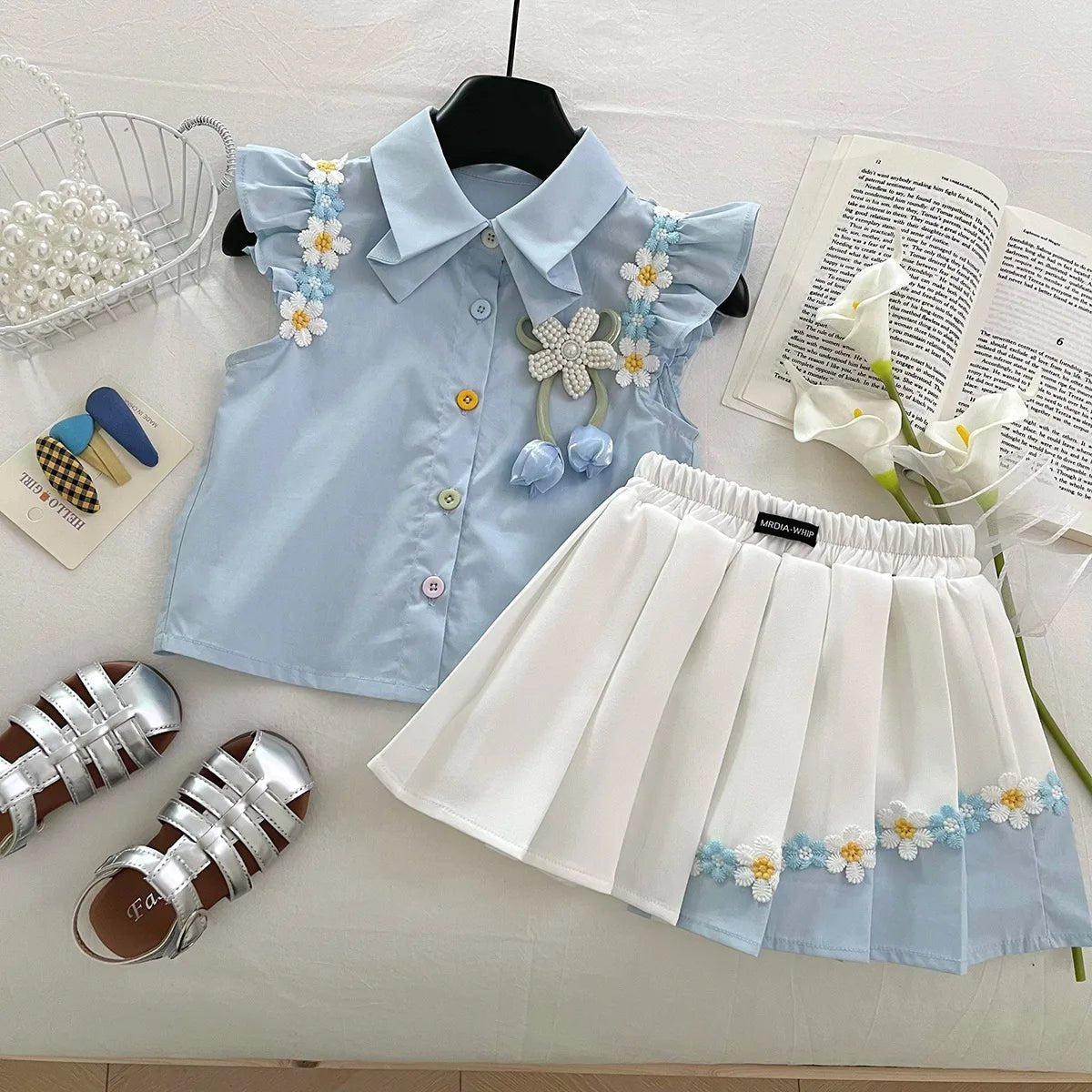 Summer New Baby Floral Short Sleeve Puff Sleeve Top Elastic Waist Pleated Skirt Girls' Set17401 - Mom & Kids