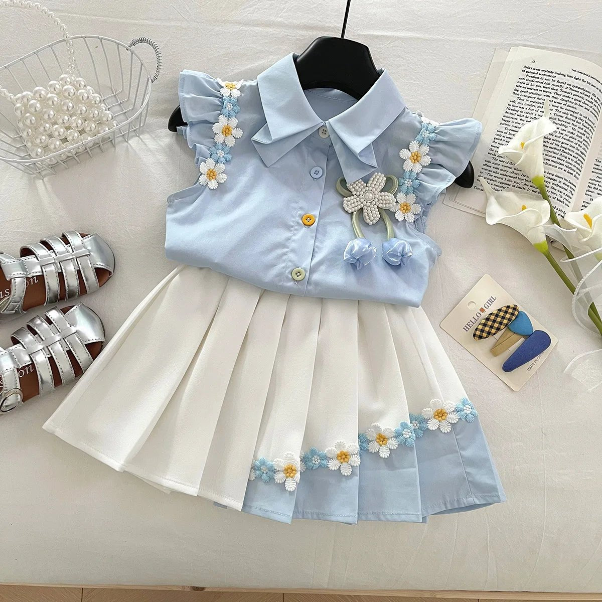 Summer New Baby Floral Short Sleeve Puff Sleeve Top Elastic Waist Pleated Skirt Girls' Set17401 - Mom & Kids