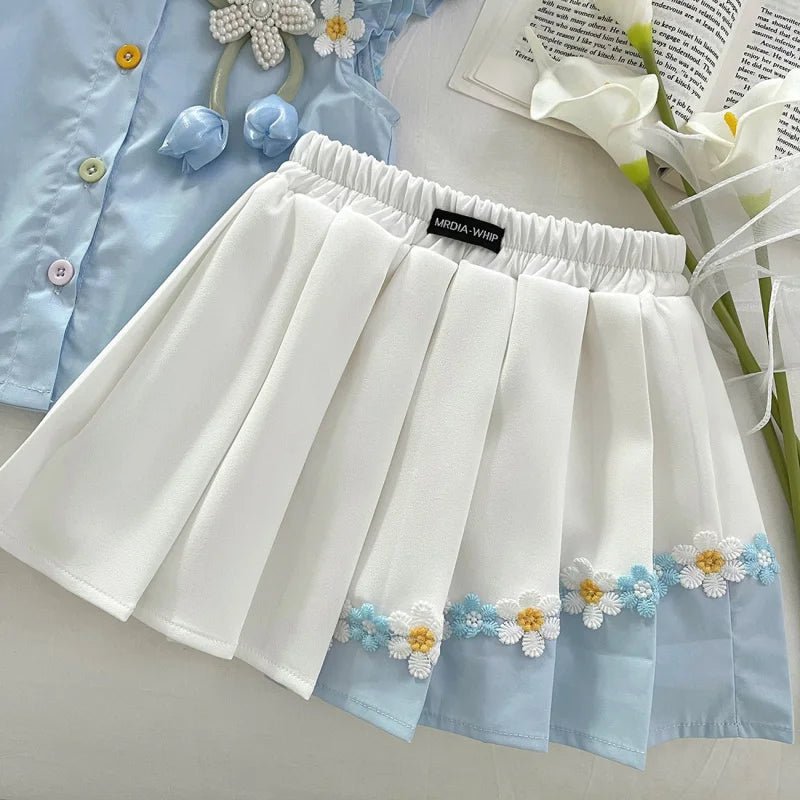 Summer New Baby Floral Short Sleeve Puff Sleeve Top Elastic Waist Pleated Skirt Girls' Set17401 - Mom & Kids