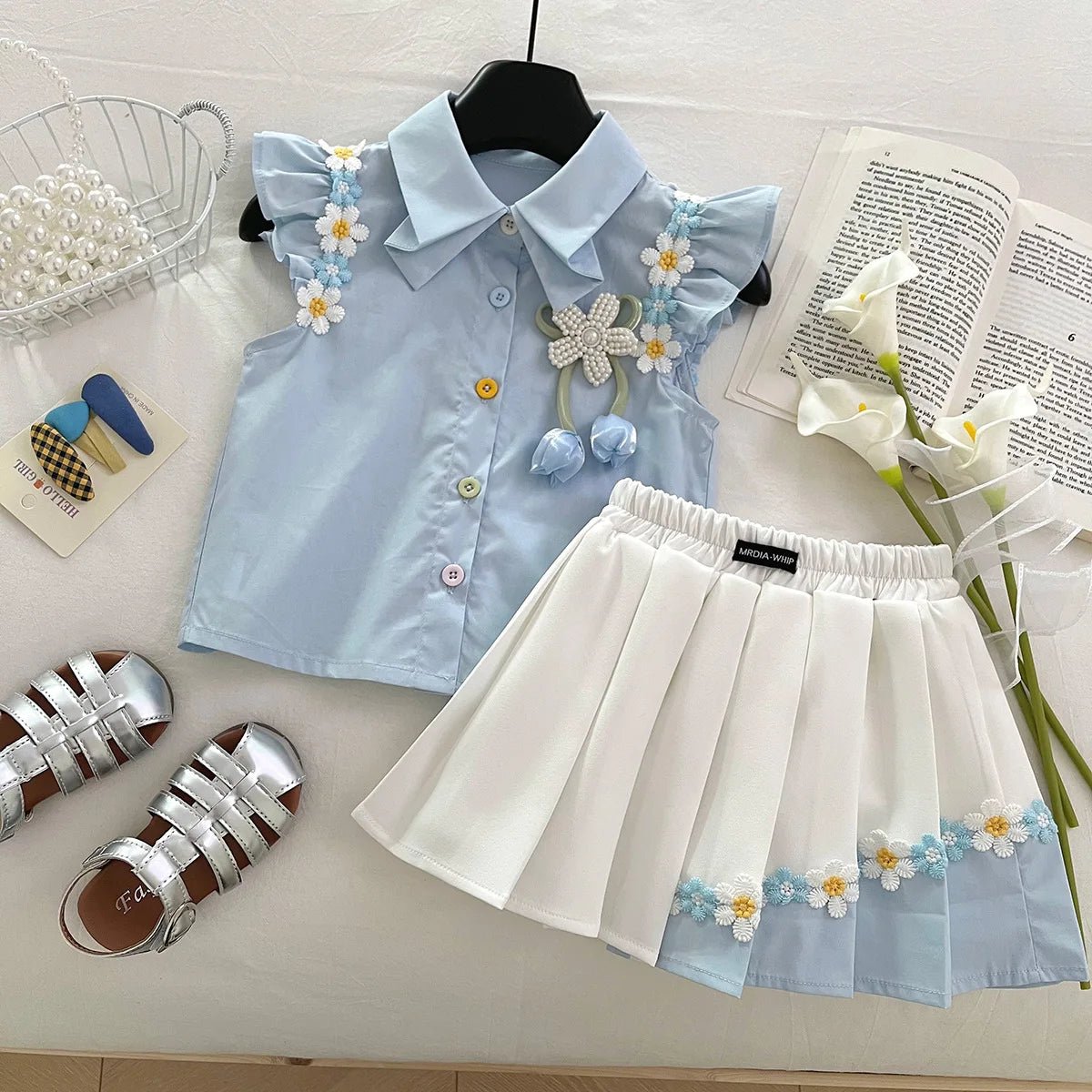 Summer New Baby Floral Short Sleeve Puff Sleeve Top Elastic Waist Pleated Skirt Girls' Set17401 - Mom & Kids