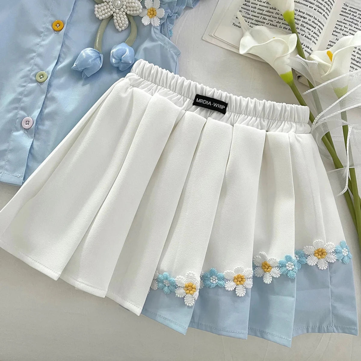 Summer New Baby Floral Short Sleeve Puff Sleeve Top Elastic Waist Pleated Skirt Girls' Set17401 - Mom & Kids