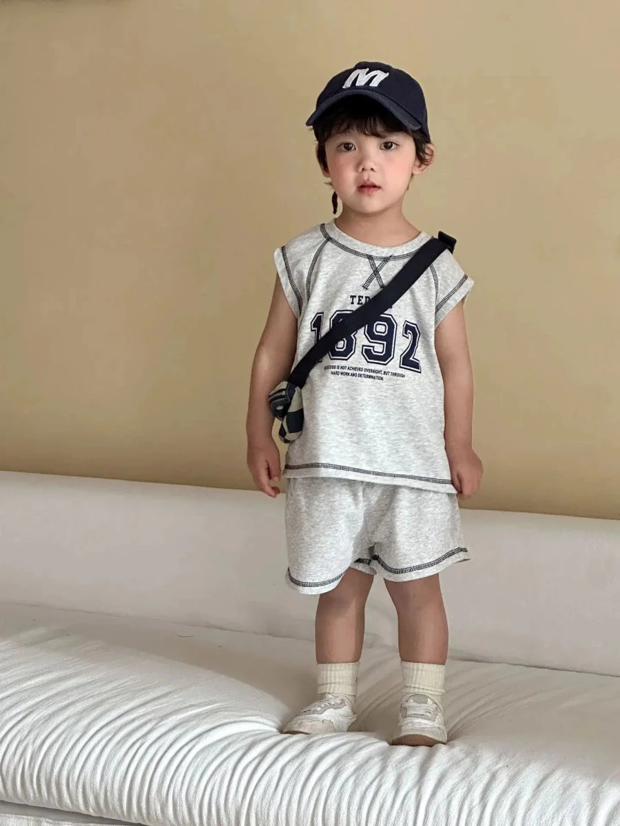 Summer New Children Short Sleeve Clothes Set Boys Letter Print T Shirts 2pcs Suit Girls Vest Dress Kids Brother Sisters Set - Mom & Kids