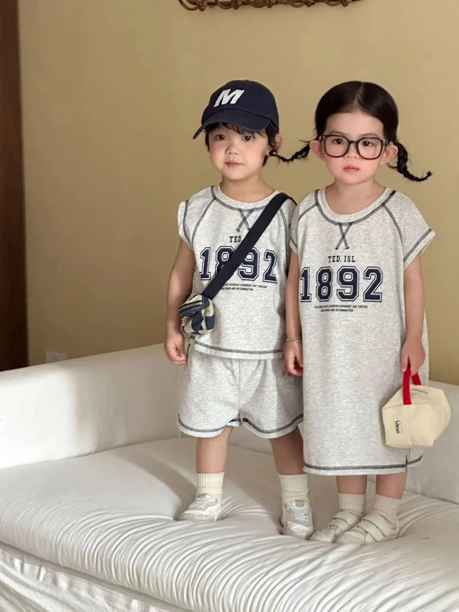 Summer New Children Short Sleeve Clothes Set Boys Letter Print T Shirts 2pcs Suit Girls Vest Dress Kids Brother Sisters Set - Mom & Kids