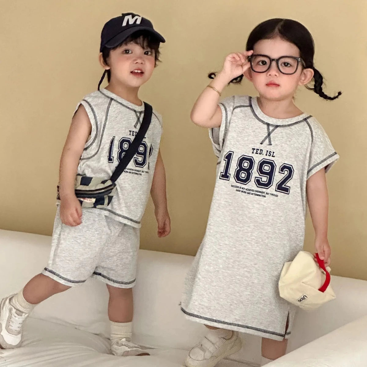 Summer New Children Short Sleeve Clothes Set Boys Letter Print T Shirts 2pcs Suit Girls Vest Dress Kids Brother Sisters Set - Mom & Kids