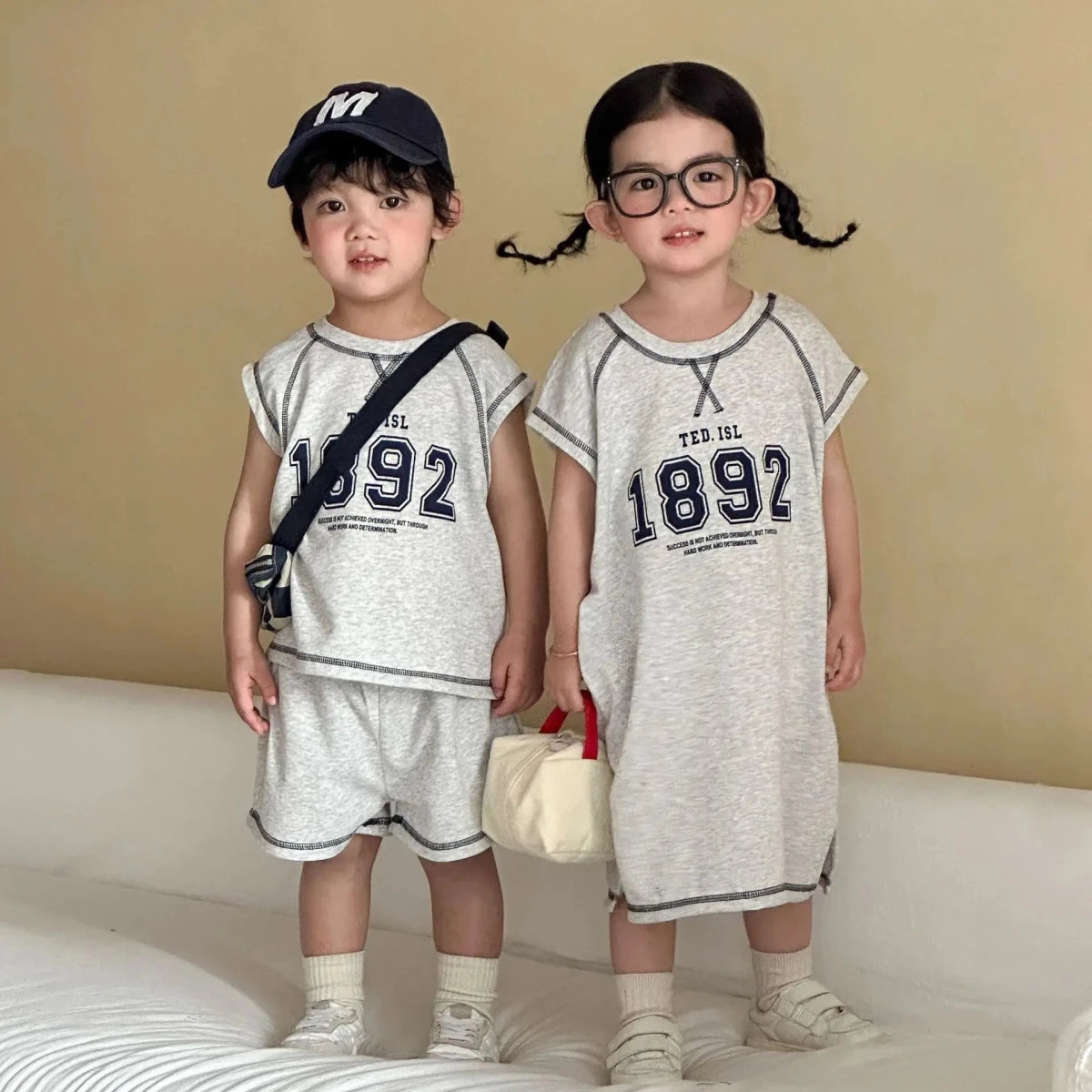 Summer New Children Short Sleeve Clothes Set Boys Letter Print T Shirts 2pcs Suit Girls Vest Dress Kids Brother Sisters Set - Mom & Kids