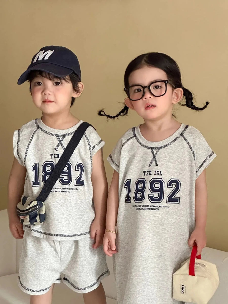 Summer New Children Short Sleeve Clothes Set Boys Letter Print T Shirts 2pcs Suit Girls Vest Dress Kids Brother Sisters Set - Mom & Kids