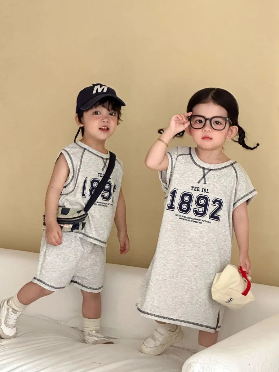 Summer New Children Short Sleeve Clothes Set Boys Letter Print T Shirts 2pcs Suit Girls Vest Dress Kids Brother Sisters Set - Mom & Kids