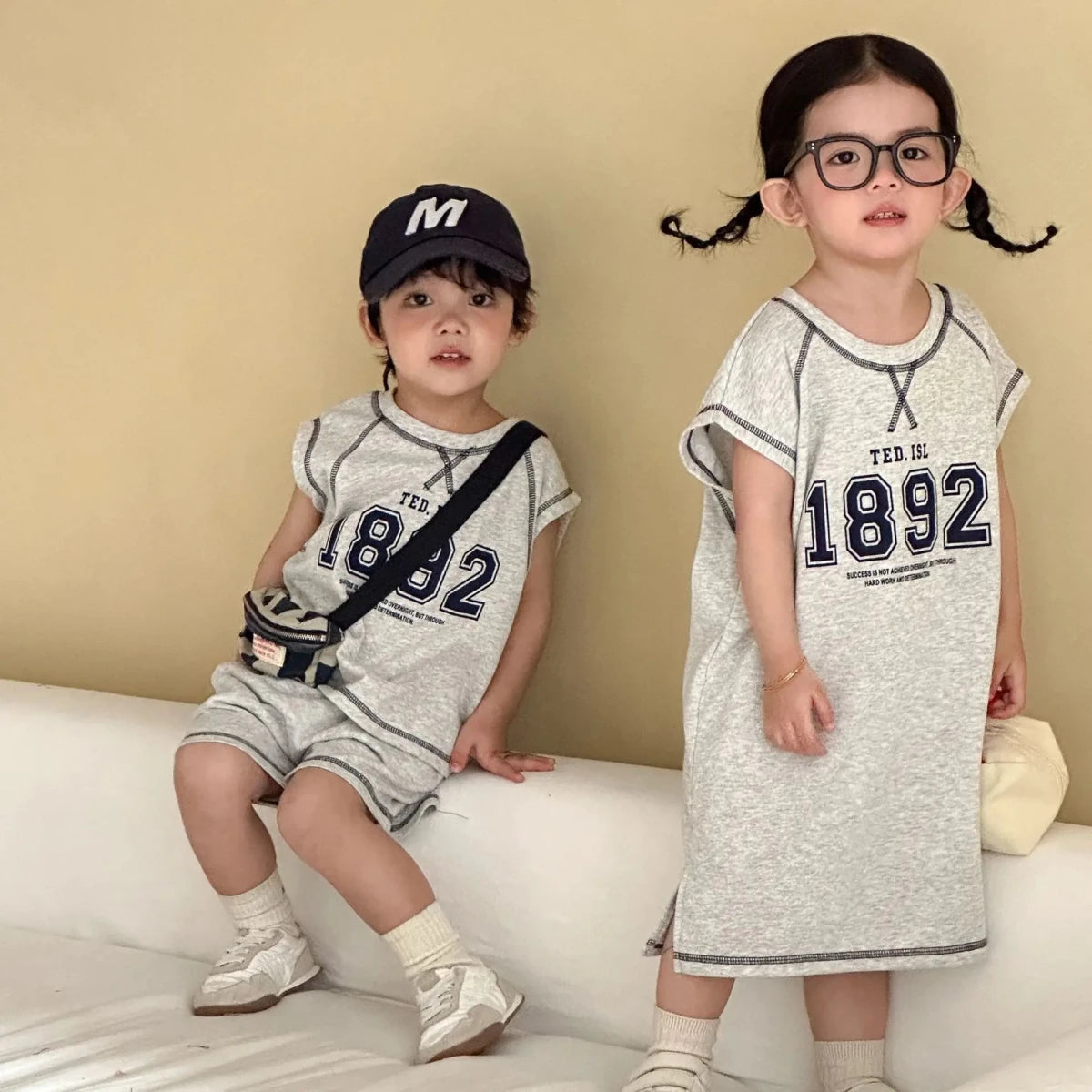 Summer New Children Short Sleeve Clothes Set Boys Letter Print T Shirts 2pcs Suit Girls Vest Dress Kids Brother Sisters Set - Mom & Kids