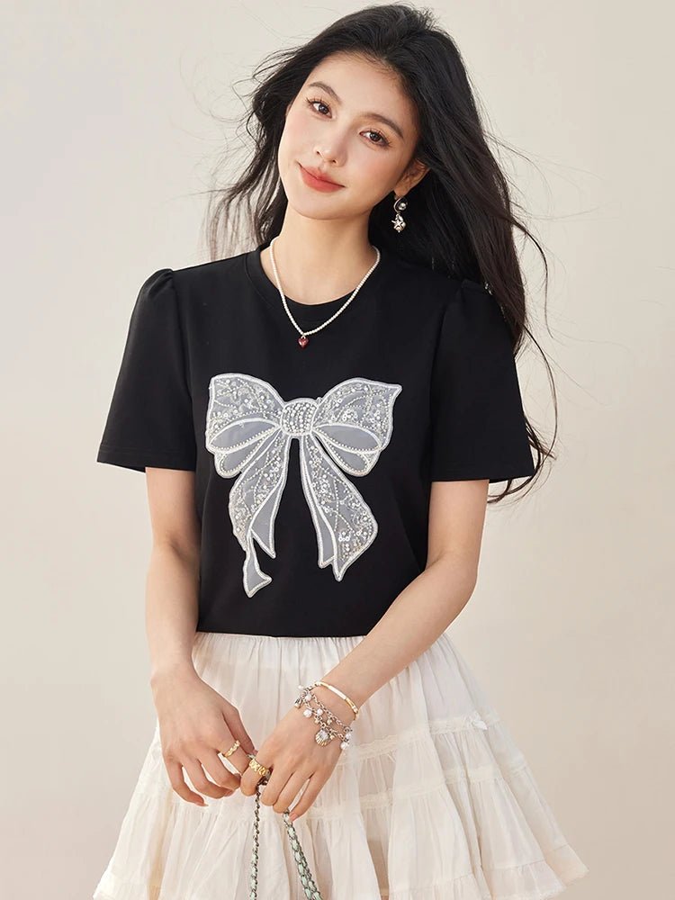 Summer New Sweet Short Sleeved T-shirt Women Fashion Bow Tops Harajuku Casual Simple T-shirt Y2k Top - Mom & Kids