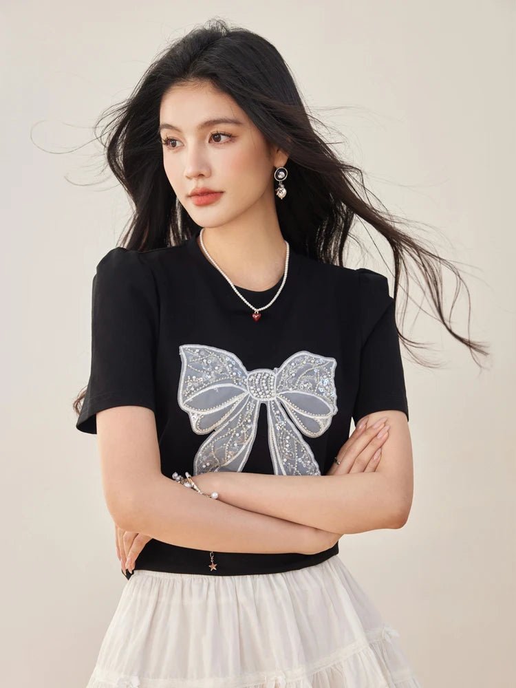 Summer New Sweet Short Sleeved T-shirt Women Fashion Bow Tops Harajuku Casual Simple T-shirt Y2k Top - Mom & Kids