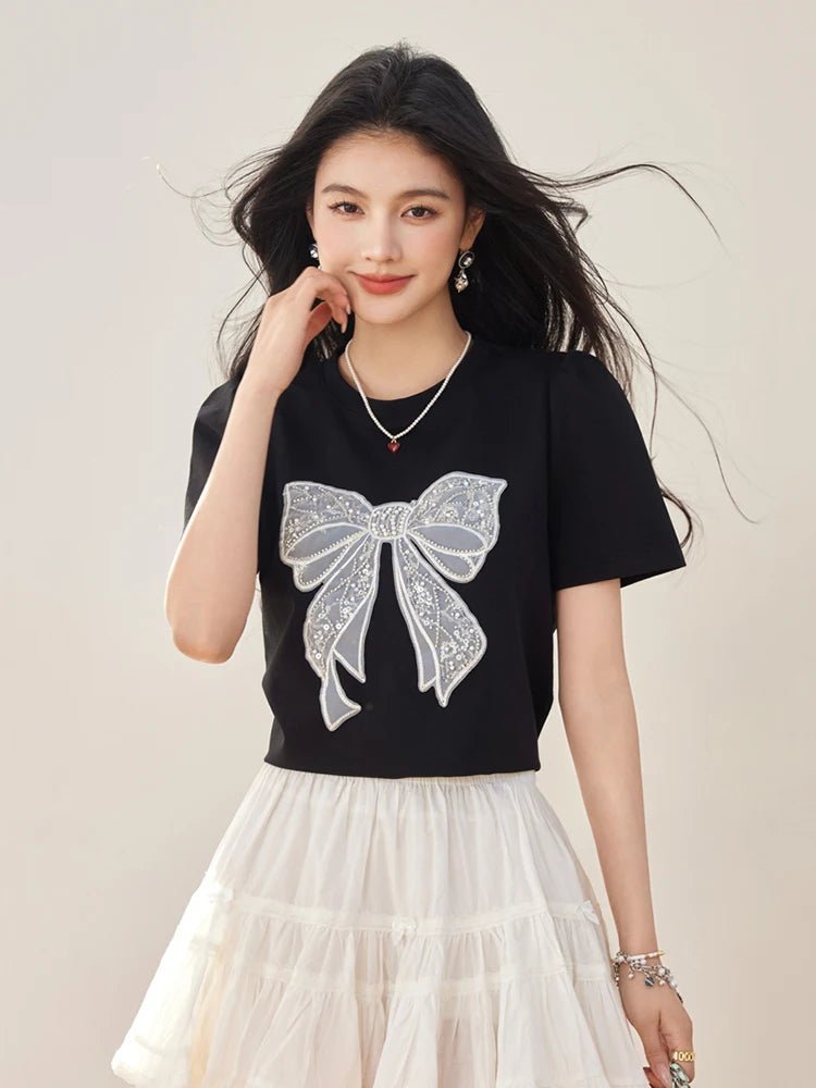 Summer New Sweet Short Sleeved T-shirt Women Fashion Bow Tops Harajuku Casual Simple T-shirt Y2k Top - Mom & Kids