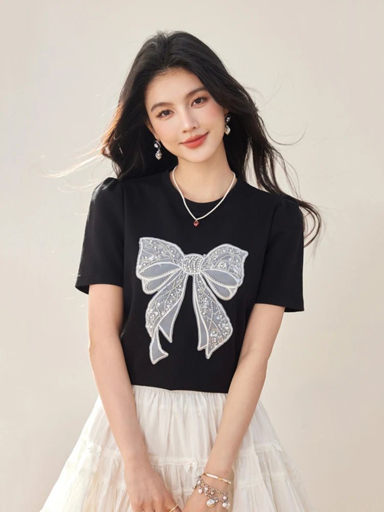 Summer New Sweet Short Sleeved T-shirt Women Fashion Bow Tops Harajuku Casual Simple T-shirt Y2k Top - Mom & Kids
