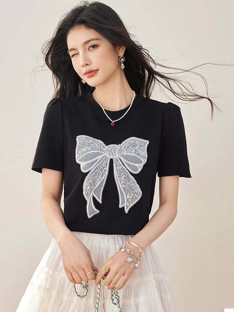 Summer New Sweet Short Sleeved T-shirt Women Fashion Bow Tops Harajuku Casual Simple T-shirt Y2k Top - Mom & Kids