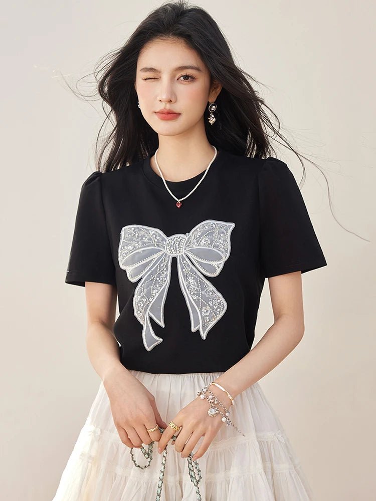 Summer New Sweet Short Sleeved T-shirt Women Fashion Bow Tops Harajuku Casual Simple T-shirt Y2k Top - Mom & Kids