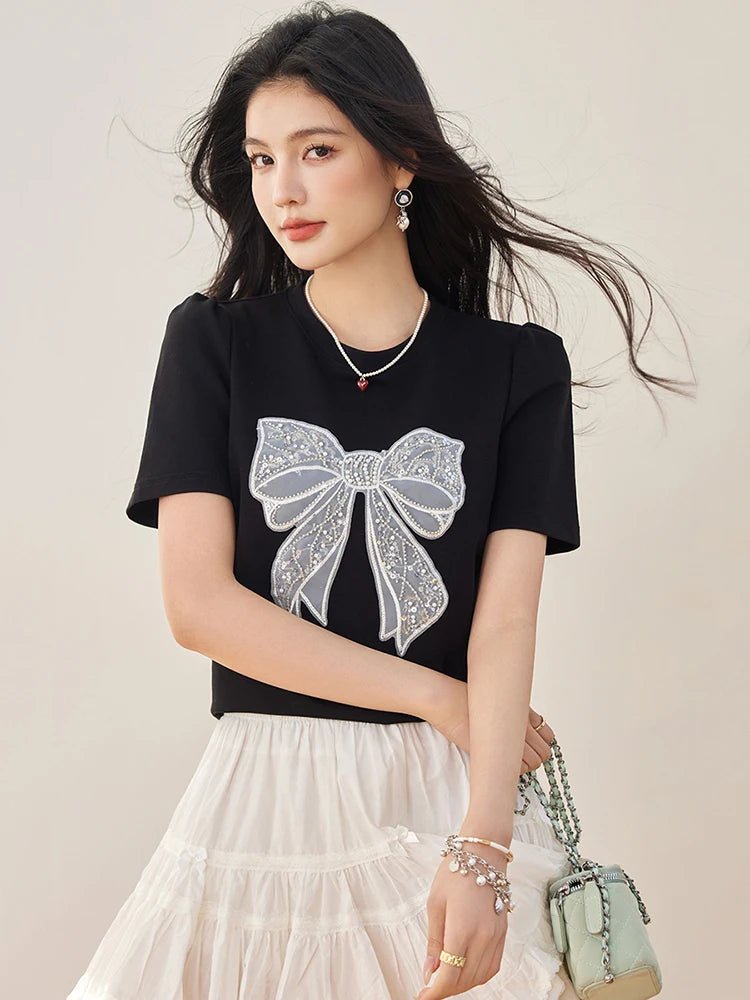 Summer New Sweet Short Sleeved T-shirt Women Fashion Bow Tops Harajuku Casual Simple T-shirt Y2k Top - Mom & Kids