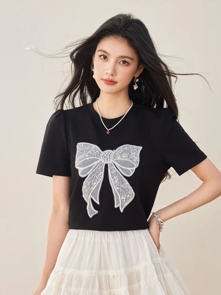 Summer New Sweet Short Sleeved T-shirt Women Fashion Bow Tops Harajuku Casual Simple T-shirt Y2k Top - Mom & Kids