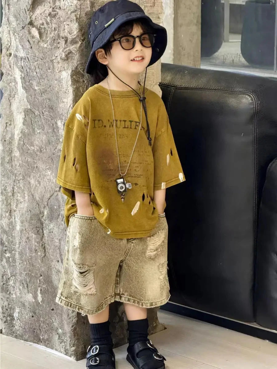 Summer Outfit New Perforated Denim Shorts Children's Clothing - Mom & Kids
