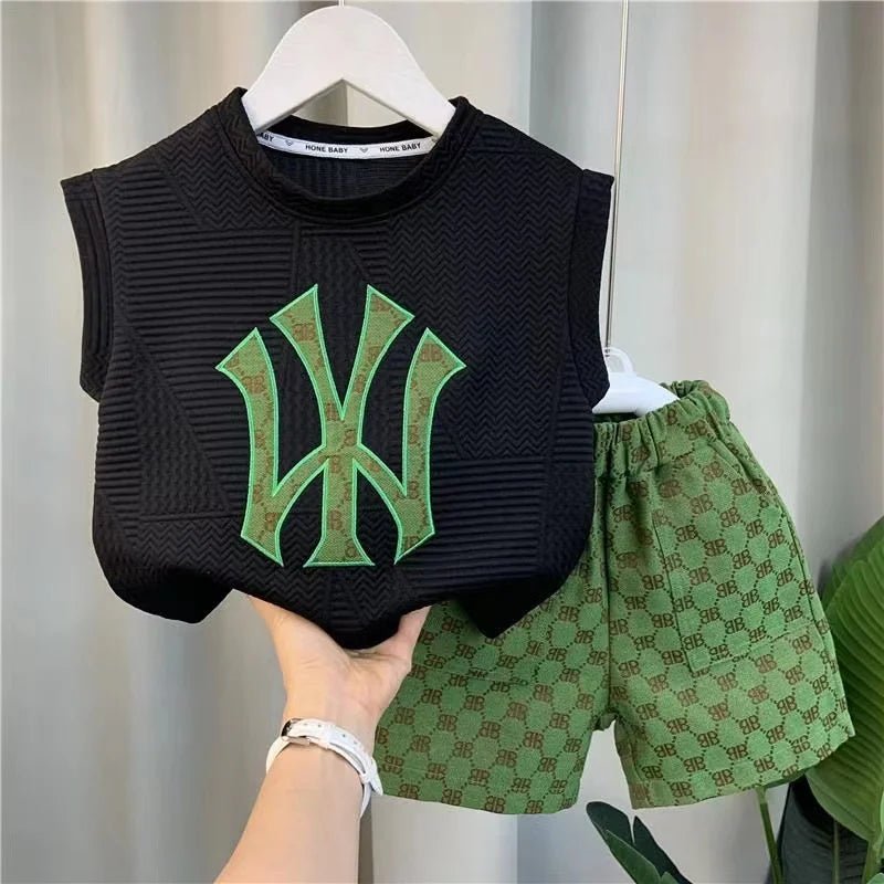 Summer Sport Casual Suit Baby Boys Clothes Kids Outfits Sleeveless T-Shirt Tops And Pants 2PCS Embroidery Clothing Girls Bebes - Mom & Kids