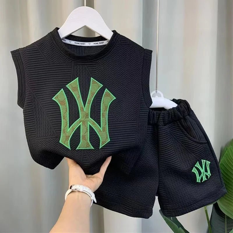 Summer Sport Casual Suit Baby Boys Clothes Kids Outfits Sleeveless T-Shirt Tops And Pants 2PCS Embroidery Clothing Girls Bebes - Mom & Kids