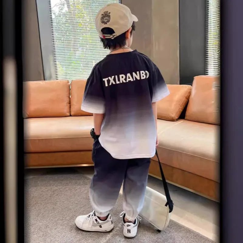 Summer teenager Boys Sports Suit Letter T Shirt + hip hop shorts Pants Kids Clothes Tracksuit 4 5 6 7 8 9 10 11 12 Years - Mom & Kids
