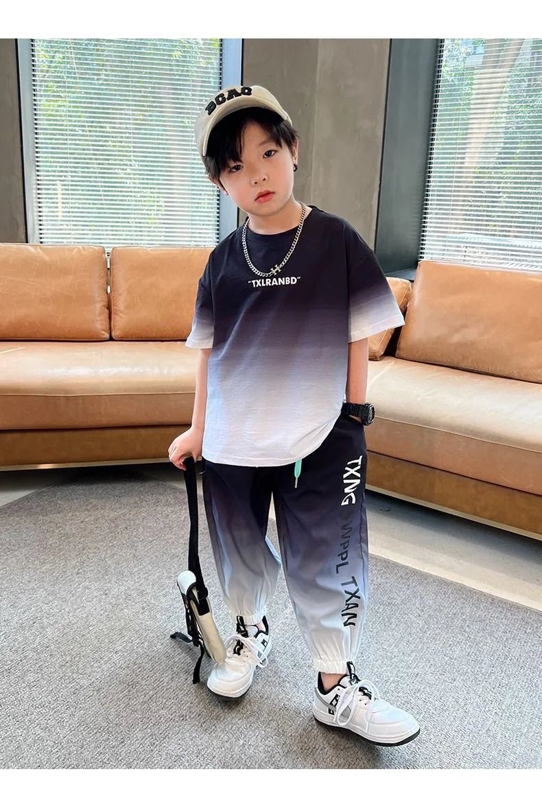 Summer teenager Boys Sports Suit Letter T Shirt + hip hop shorts Pants Kids Clothes Tracksuit 4 5 6 7 8 9 10 11 12 Years - Mom & Kids