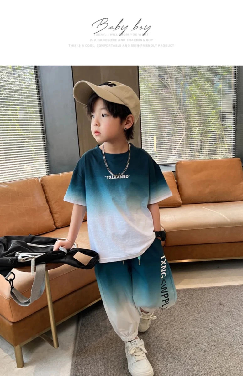 Summer teenager Boys Sports Suit Letter T Shirt + hip hop shorts Pants Kids Clothes Tracksuit 4 5 6 7 8 9 10 11 12 Years - Mom & Kids