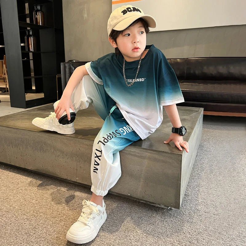 Summer teenager Boys Sports Suit Letter T Shirt + hip hop shorts Pants Kids Clothes Tracksuit 4 5 6 7 8 9 10 11 12 Years - Mom & Kids