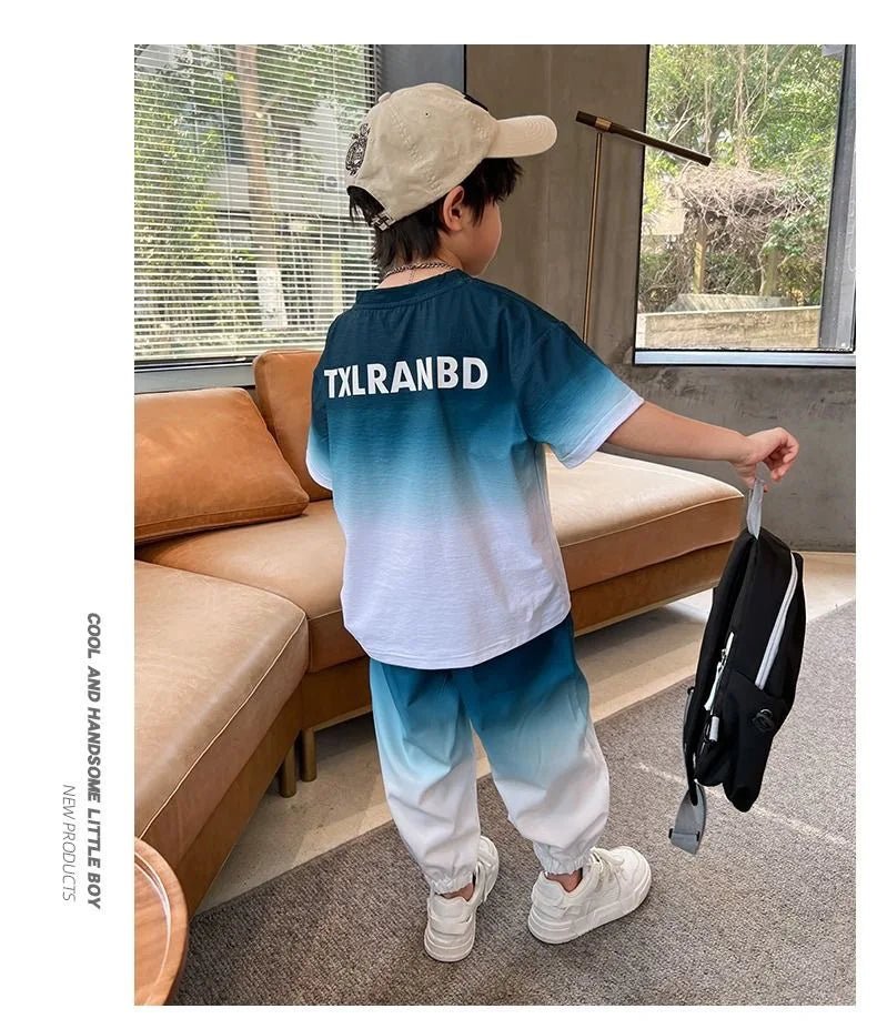Summer teenager Boys Sports Suit Letter T Shirt + hip hop shorts Pants Kids Clothes Tracksuit 4 5 6 7 8 9 10 11 12 Years - Mom & Kids