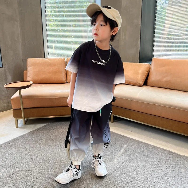 Summer teenager Boys Sports Suit Letter T Shirt + hip hop shorts Pants Kids Clothes Tracksuit 4 5 6 7 8 9 10 11 12 Years - Mom & Kids
