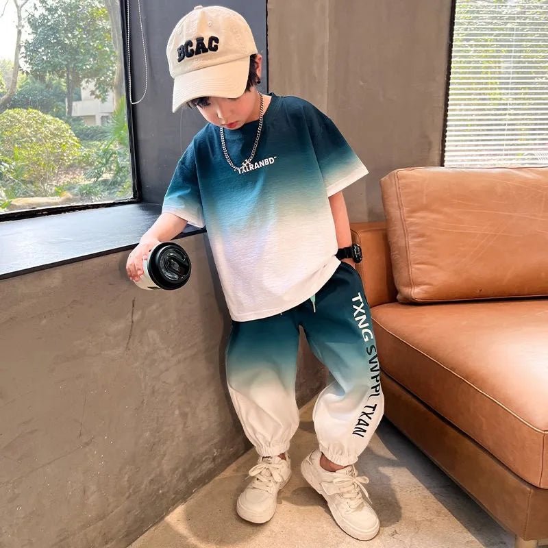 Summer teenager Boys Sports Suit Letter T Shirt + hip hop shorts Pants Kids Clothes Tracksuit 4 5 6 7 8 9 10 11 12 Years - Mom & Kids