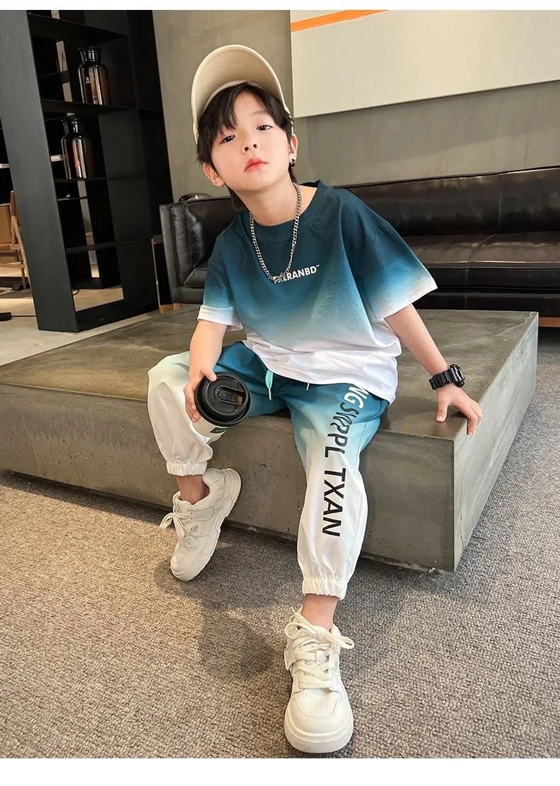 Summer teenager Boys Sports Suit Letter T Shirt + hip hop shorts Pants Kids Clothes Tracksuit 4 5 6 7 8 9 10 11 12 Years - Mom & Kids