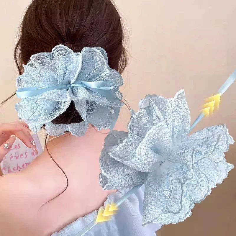 Sweet Drawstring Bow Lace Hair Scrunchies For Women Elastic Hair Bands Ponytail Holders Girl Hair Accessories - Mom & Kids