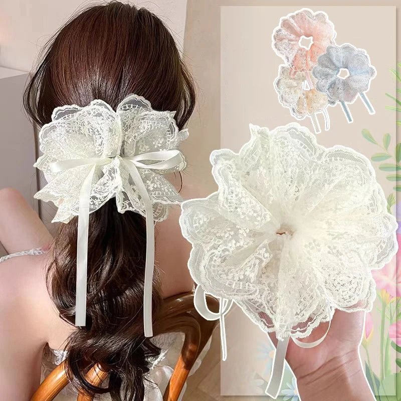 Sweet Drawstring Bow Lace Hair Scrunchies For Women Elastic Hair Bands Ponytail Holders Girl Hair Accessories - Mom & Kids
