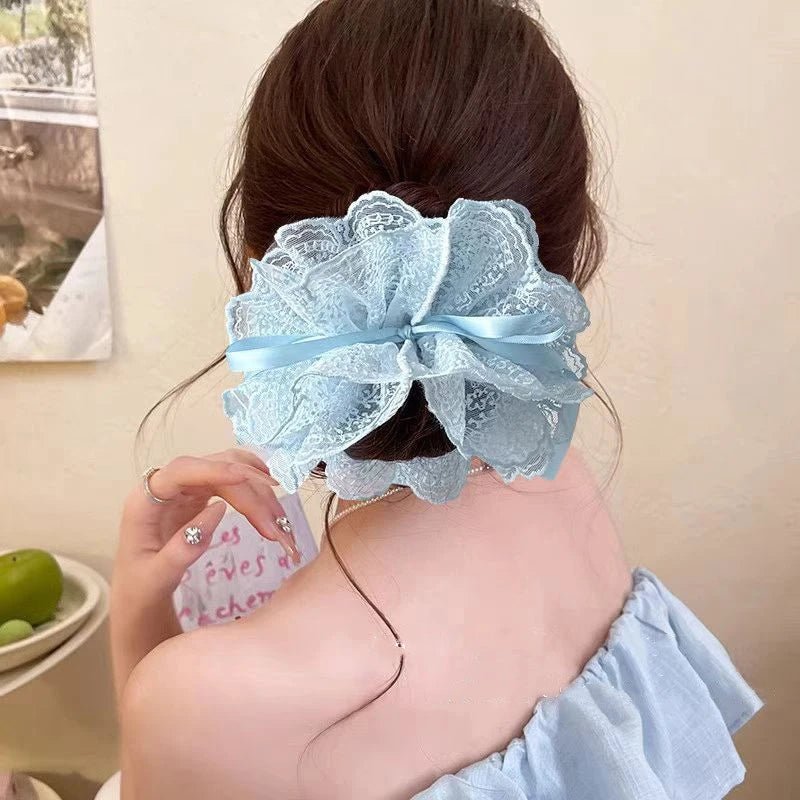 Sweet Drawstring Bow Lace Hair Scrunchies For Women Elastic Hair Bands Ponytail Holders Girl Hair Accessories - Mom & Kids