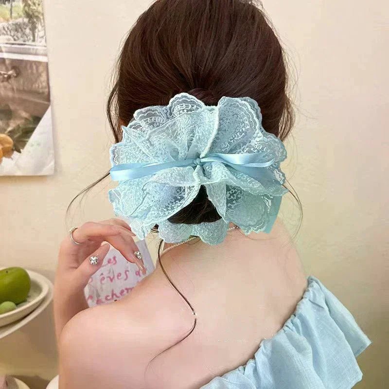 Sweet Drawstring Bow Lace Hair Scrunchies For Women Elastic Hair Bands Ponytail Holders Girl Hair Accessories - Mom & Kids