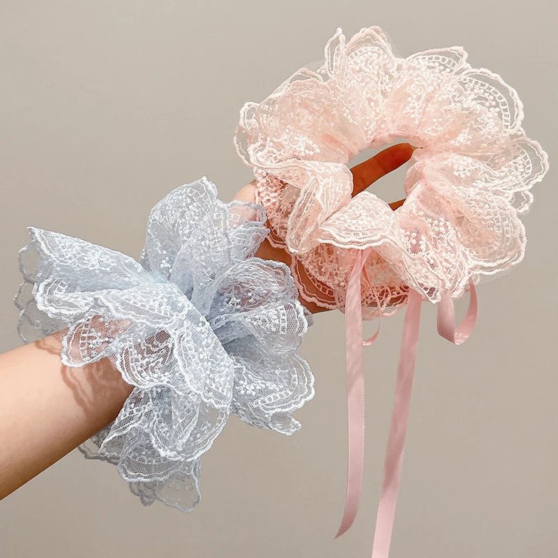 Sweet Drawstring Bow Lace Hair Scrunchies For Women Elastic Hair Bands Ponytail Holders Girl Hair Accessories - Mom & Kids