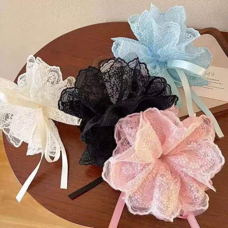 Sweet Drawstring Bow Lace Hair Scrunchies For Women Elastic Hair Bands Ponytail Holders Girl Hair Accessories - Mom & Kids