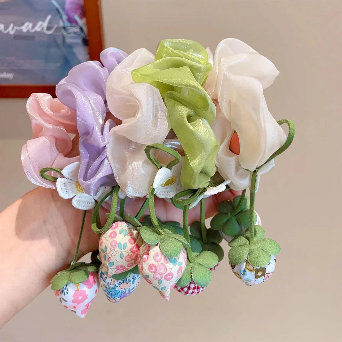 Sweet Flower Bow Princess Girl Hair Ropes Fairy Strawberry Pendant Rubber Bands Ponytail Meatball Heads Headwear Kids Headflower - Mom & Kids