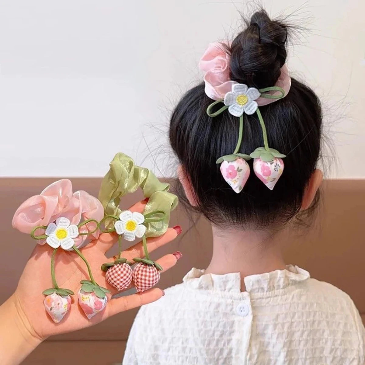 Sweet Flower Bow Princess Girl Hair Ropes Fairy Strawberry Pendant Rubber Bands Ponytail Meatball Heads Headwear Kids Headflower - Mom & Kids