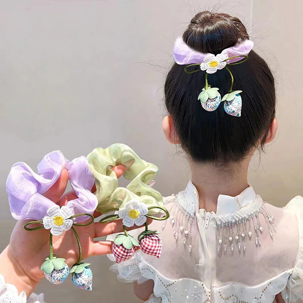 Sweet Flower Bow Princess Girl Hair Ropes Fairy Strawberry Pendant Rubber Bands Ponytail Meatball Heads Headwear Kids Headflower - Mom & Kids