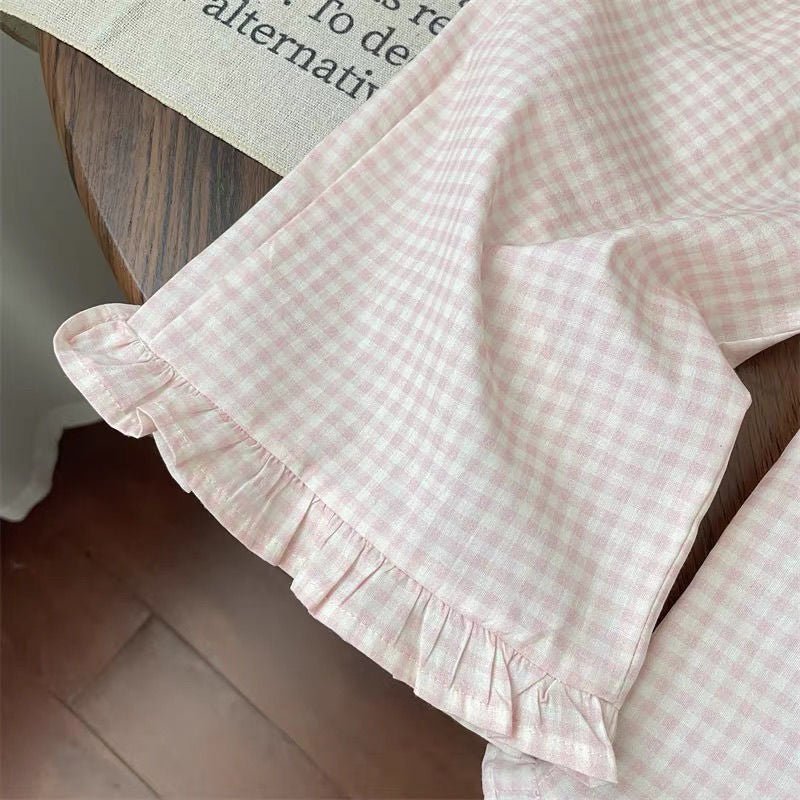 Sweet Plaid Flared Wide Leg Pants Ruffled Two-piece Set (Available)) - Mom & Kids