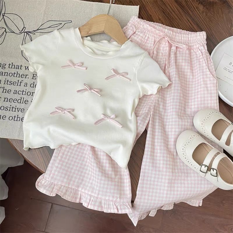 Sweet Plaid Flared Wide Leg Pants Ruffled Two-piece Set (Available)) - Mom & Kids