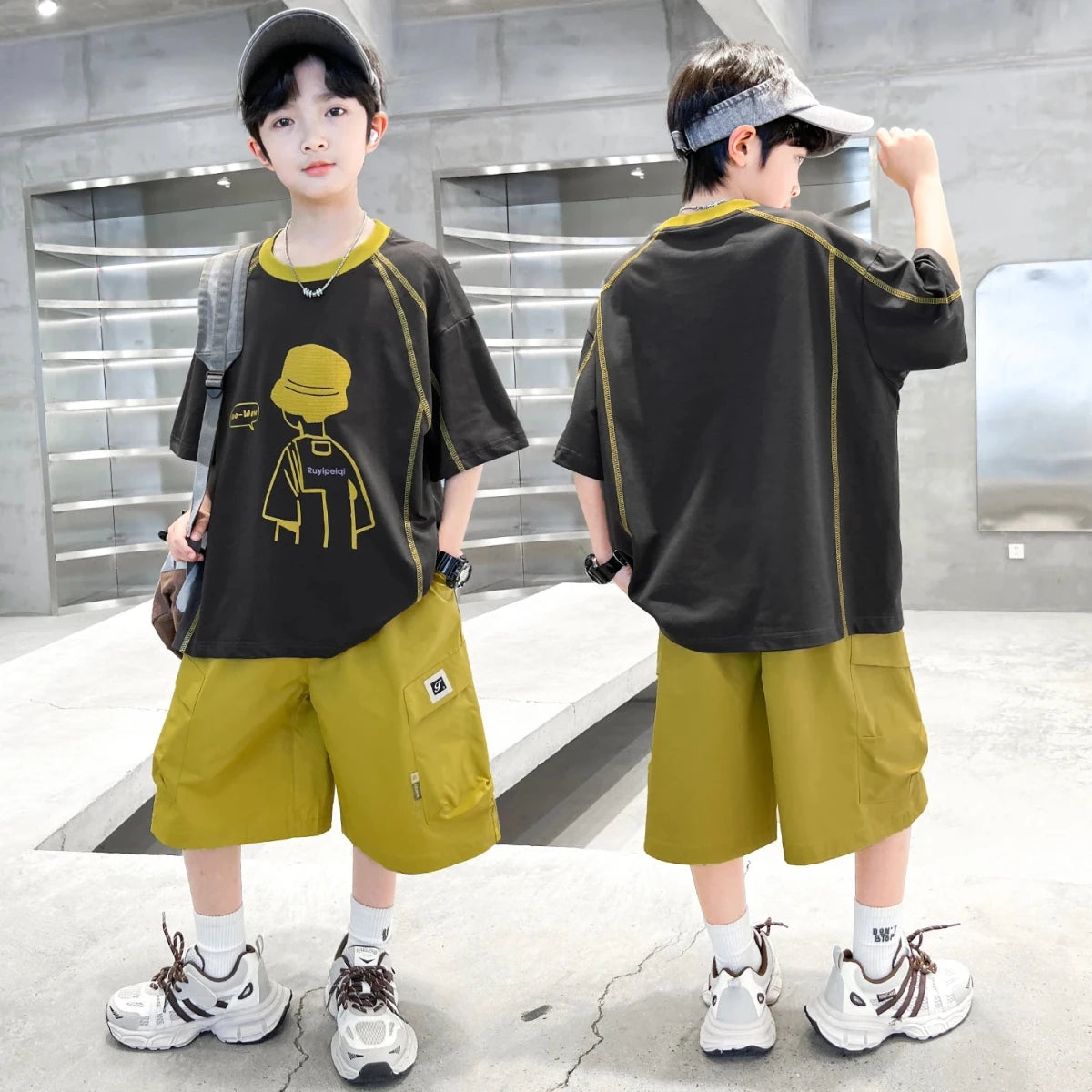 Teenage Summer Tracksuit for Boy with Shorts Tshirt 2 Piece Top and Bottom Clothes Set Kids Child Casual Cotton Outfit Suit Wear - Mom & Kids