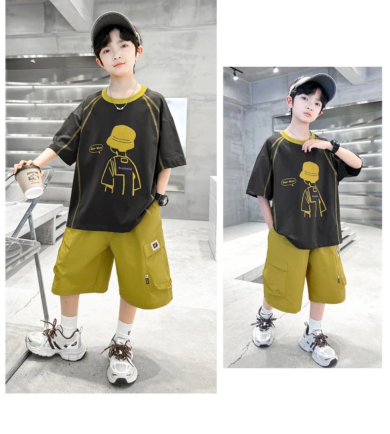 Teenage Summer Tracksuit for Boy with Shorts Tshirt 2 Piece Top and Bottom Clothes Set Kids Child Casual Cotton Outfit Suit Wear - Mom & Kids
