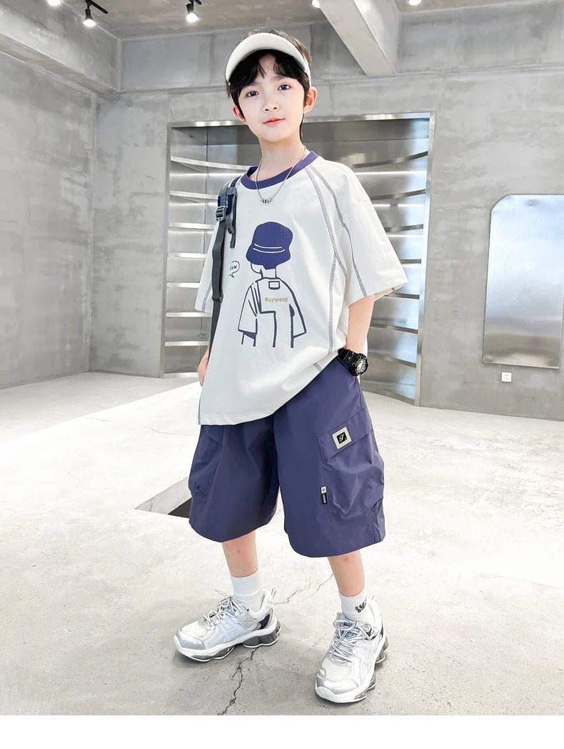 Teenage Summer Tracksuit for Boy with Shorts Tshirt 2 Piece Top and Bottom Clothes Set Kids Child Casual Cotton Outfit Suit Wear - Mom & Kids