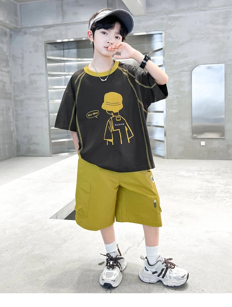 Teenage Summer Tracksuit for Boy with Shorts Tshirt 2 Piece Top and Bottom Clothes Set Kids Child Casual Cotton Outfit Suit Wear - Mom & Kids