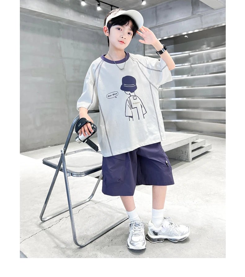 Teenage Summer Tracksuit for Boy with Shorts Tshirt 2 Piece Top and Bottom Clothes Set Kids Child Casual Cotton Outfit Suit Wear - Mom & Kids
